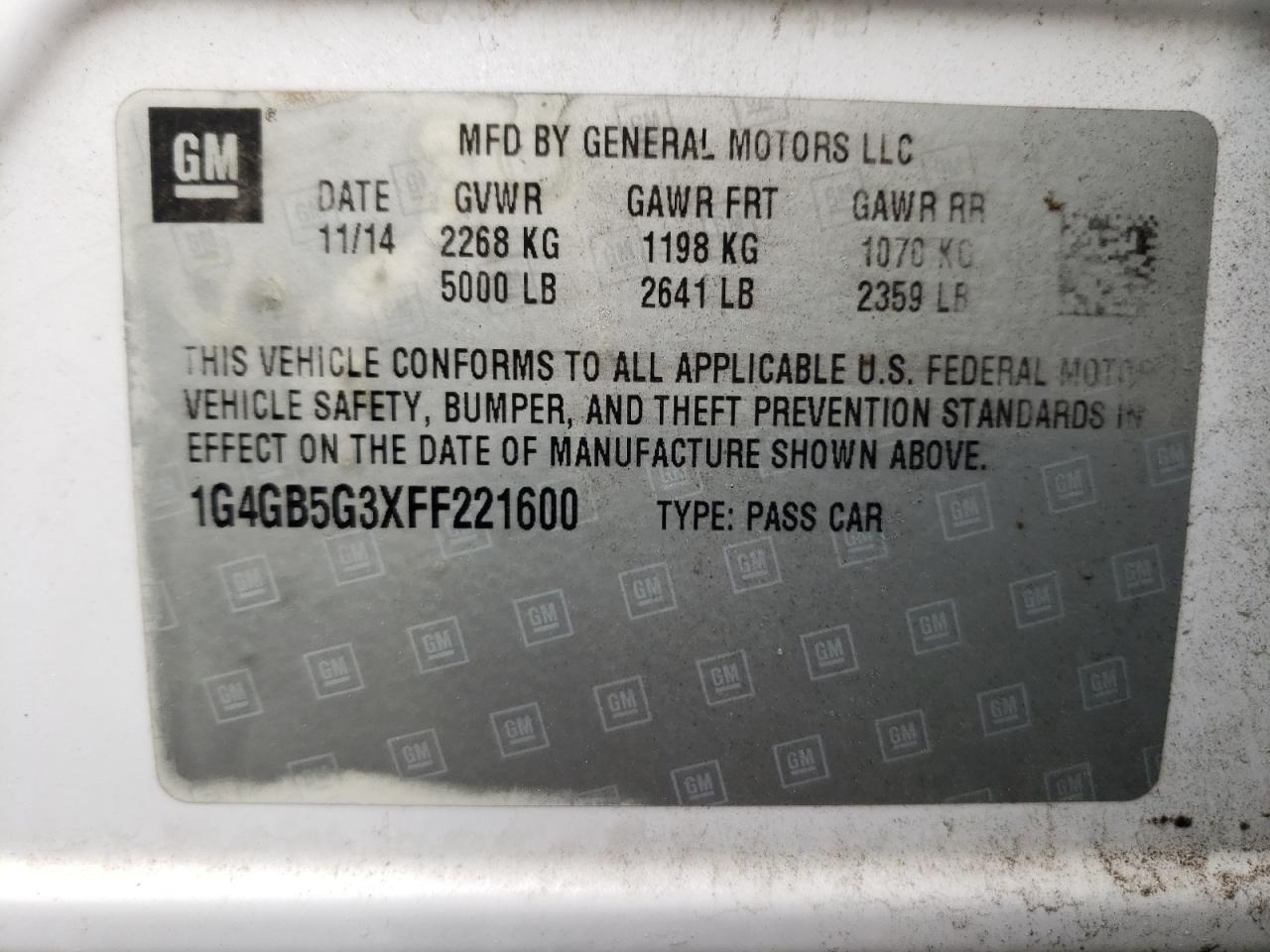 Photo 10 from auction – 2015 BUICK LACROSSE with VIN 1G4GB5G3XFF221600
