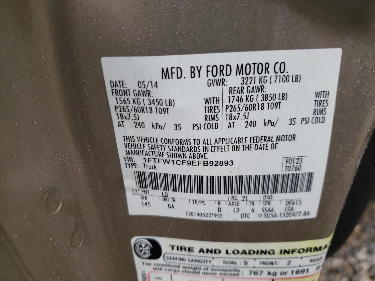 Photo 10 from auction – 2014 FORD F150 SUPER with VIN 1FTFW1CF9EFB92893