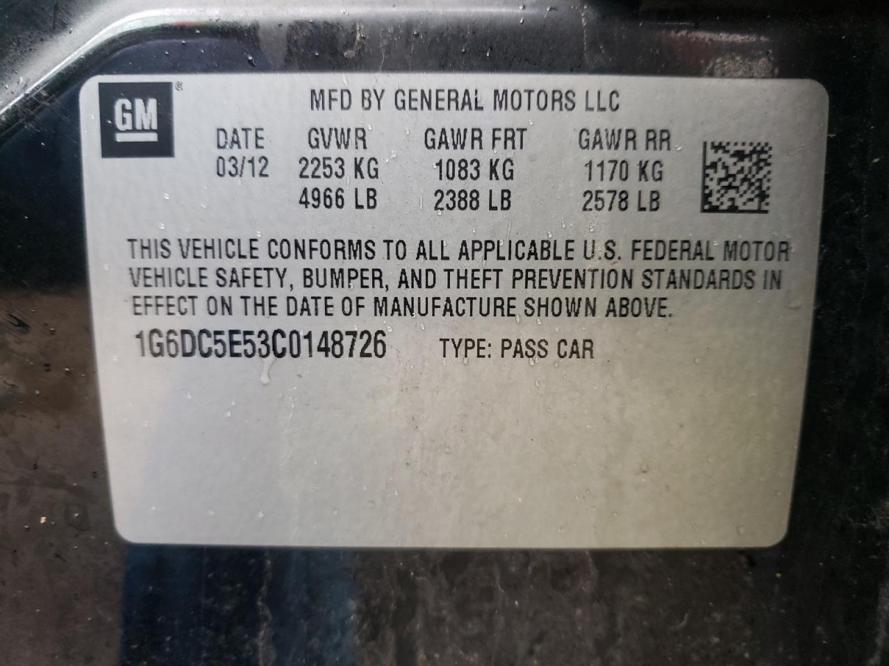 Photo 10 from auction – 2012 CADILLAC CTS with VIN 1G6DC5E53C0148726