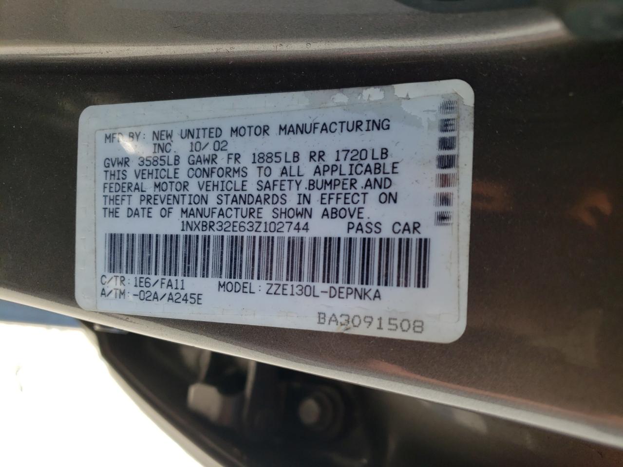 Photo 10 from auction – 2003 TOYOTA COROLLA CE with VIN 1NXBR32E63Z102744