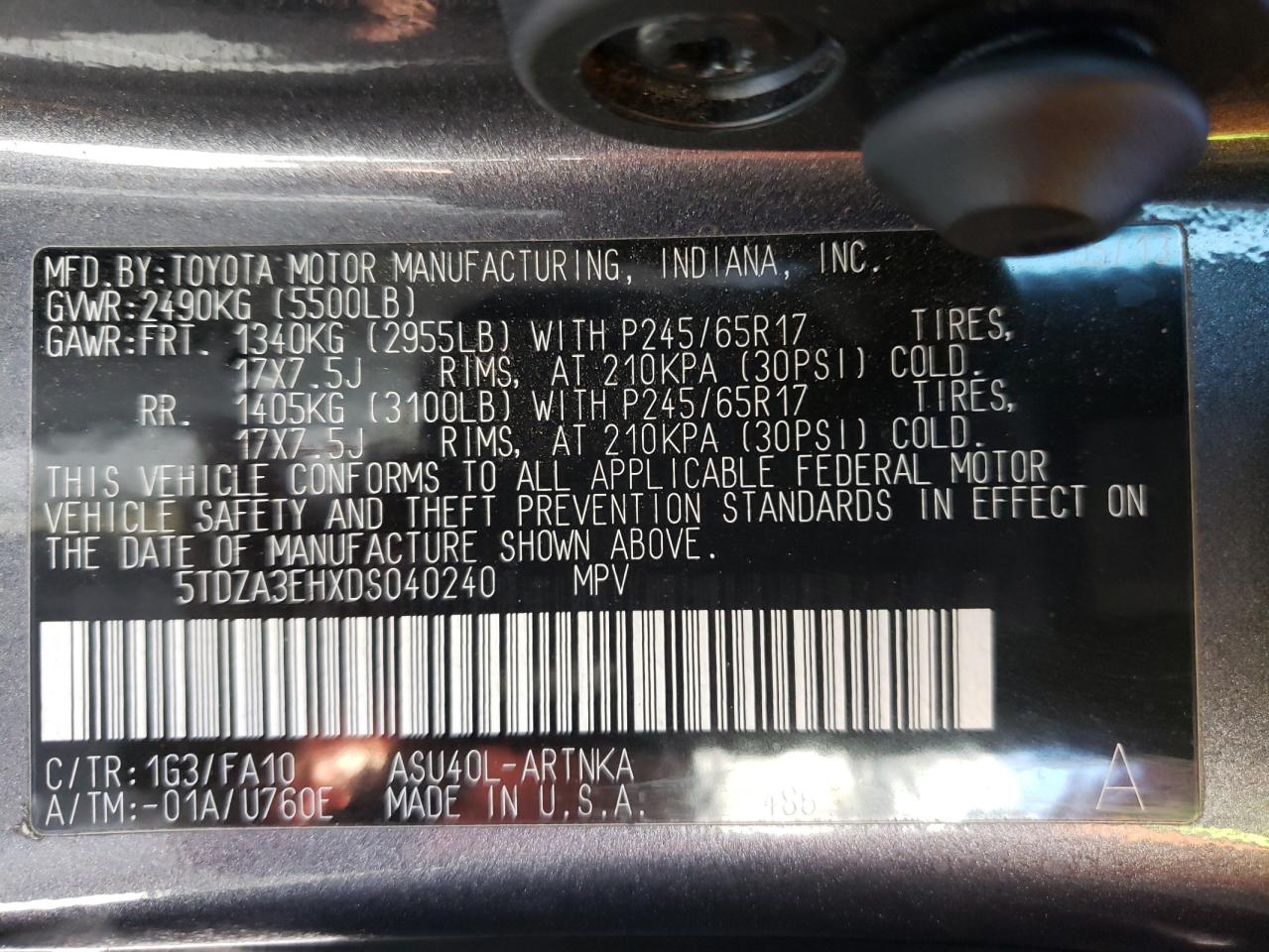 Photo 10 from auction – 2013 TOYOTA HIGHLANDER with VIN 5TDZA3EHXDS040240