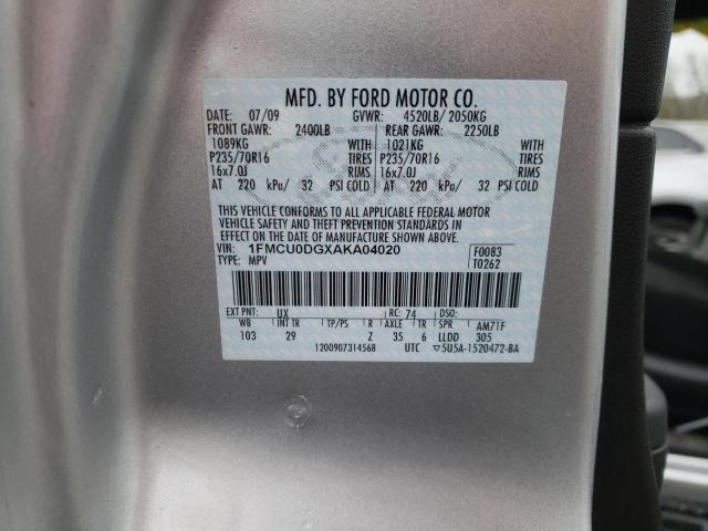 Photo 10 from auction – 2010 FORD ESCAPE XLT with VIN 1FMCU0DGXAKA04020