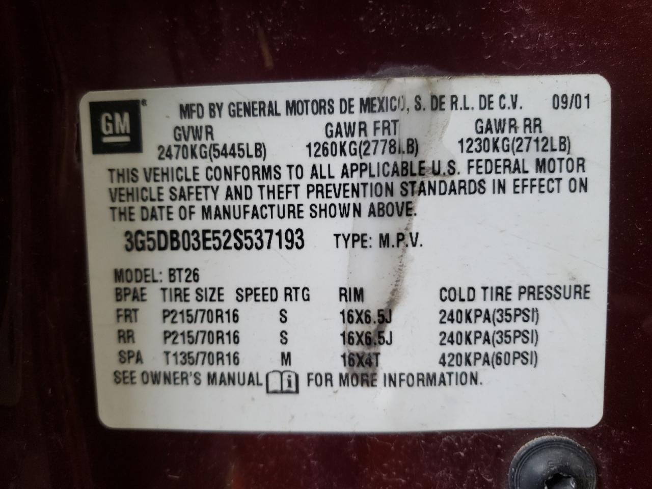 Photo 10 from auction – 2002 BUICK RENDEZVOUS with VIN 3G5DB03E52S537193