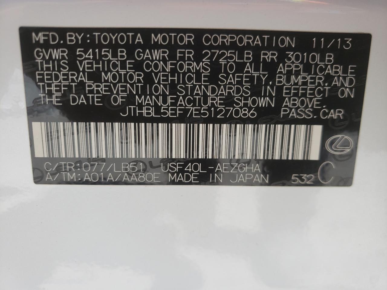 Photo 10 from auction – 2014 LEXUS LS 460 with VIN JTHBL5EF7E5127086
