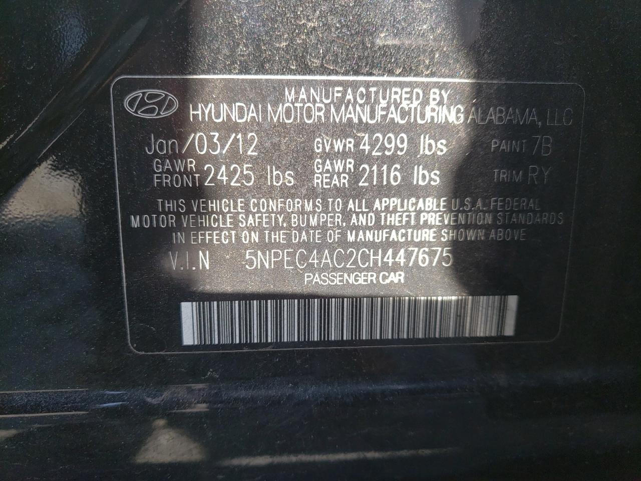 Photo 10 from auction – 2012 HYUNDAI SONATA SE with VIN 5NPEC4AC2CH447675