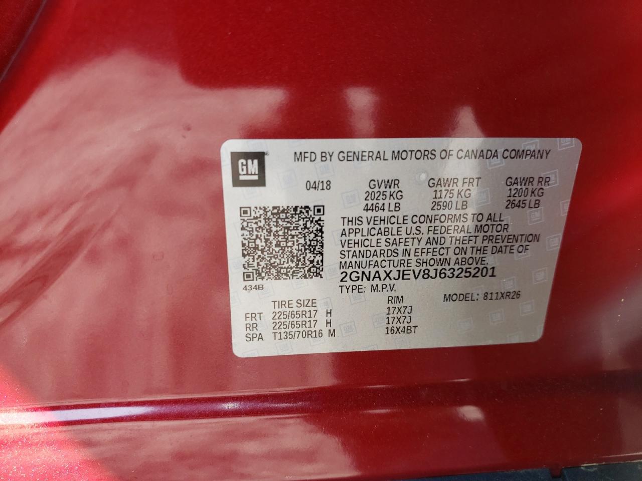Photo 10 from auction – 2018 CHEVROLET EQUINOX LT with VIN 2GNAXJEV8J6325201