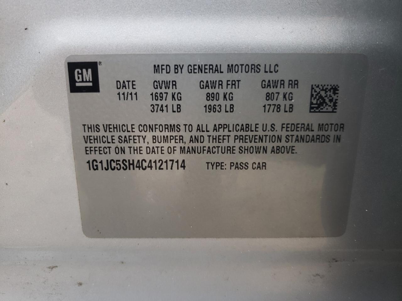Photo 10 from auction – 2012 CHEVROLET SONIC LT with VIN 1G1JC5SH4C4121714