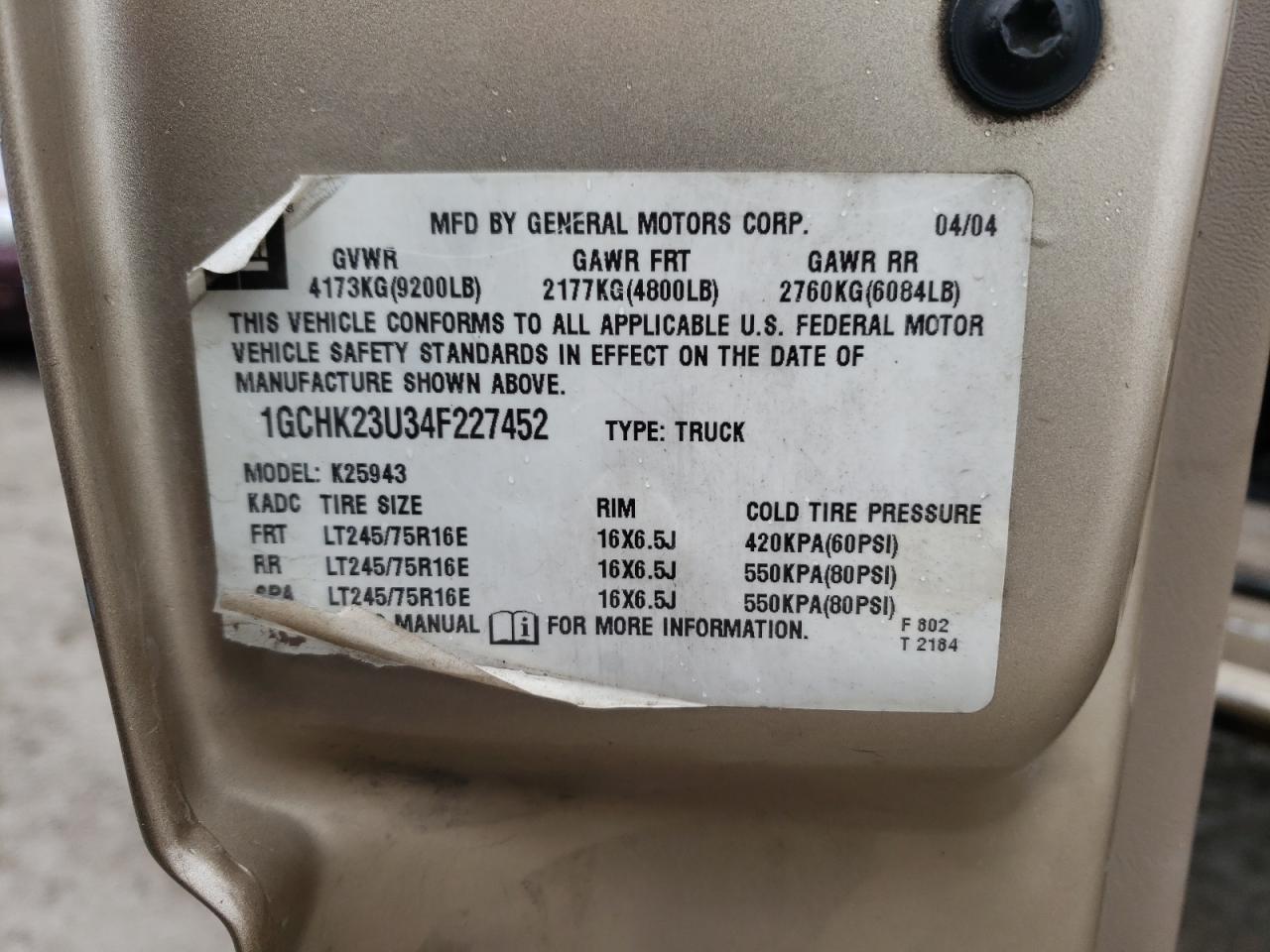 Photo 10 from auction – 2004 CHEVROLET 2500 HD with VIN 1GCHK23U34F227452