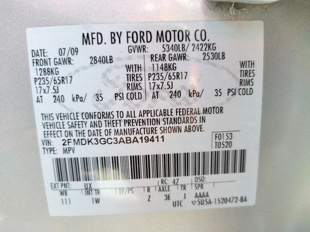 Photo 10 from auction – 2010 FORD EDGE SE with VIN 2FMDK3GC3ABA19411