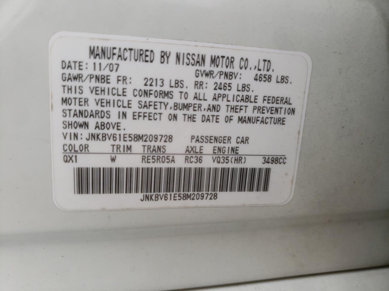 Photo 10 from auction – 2008 INFINITI G35 with VIN JNKBV61E58M209728