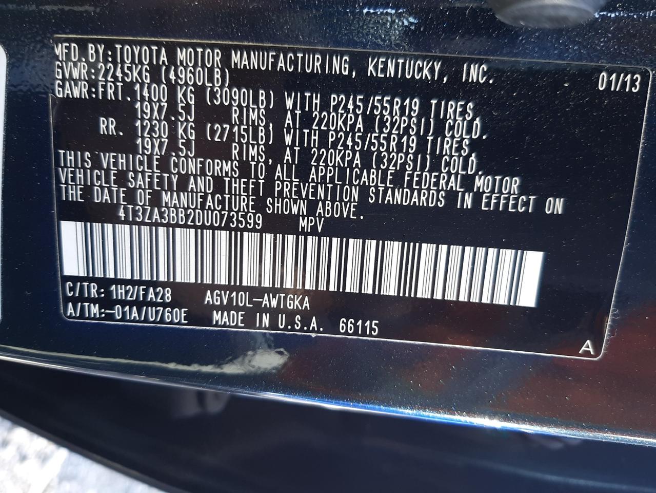 Photo 10 from auction – 2013 TOYOTA VENZA LE with VIN 4T3ZA3BB2DU073599