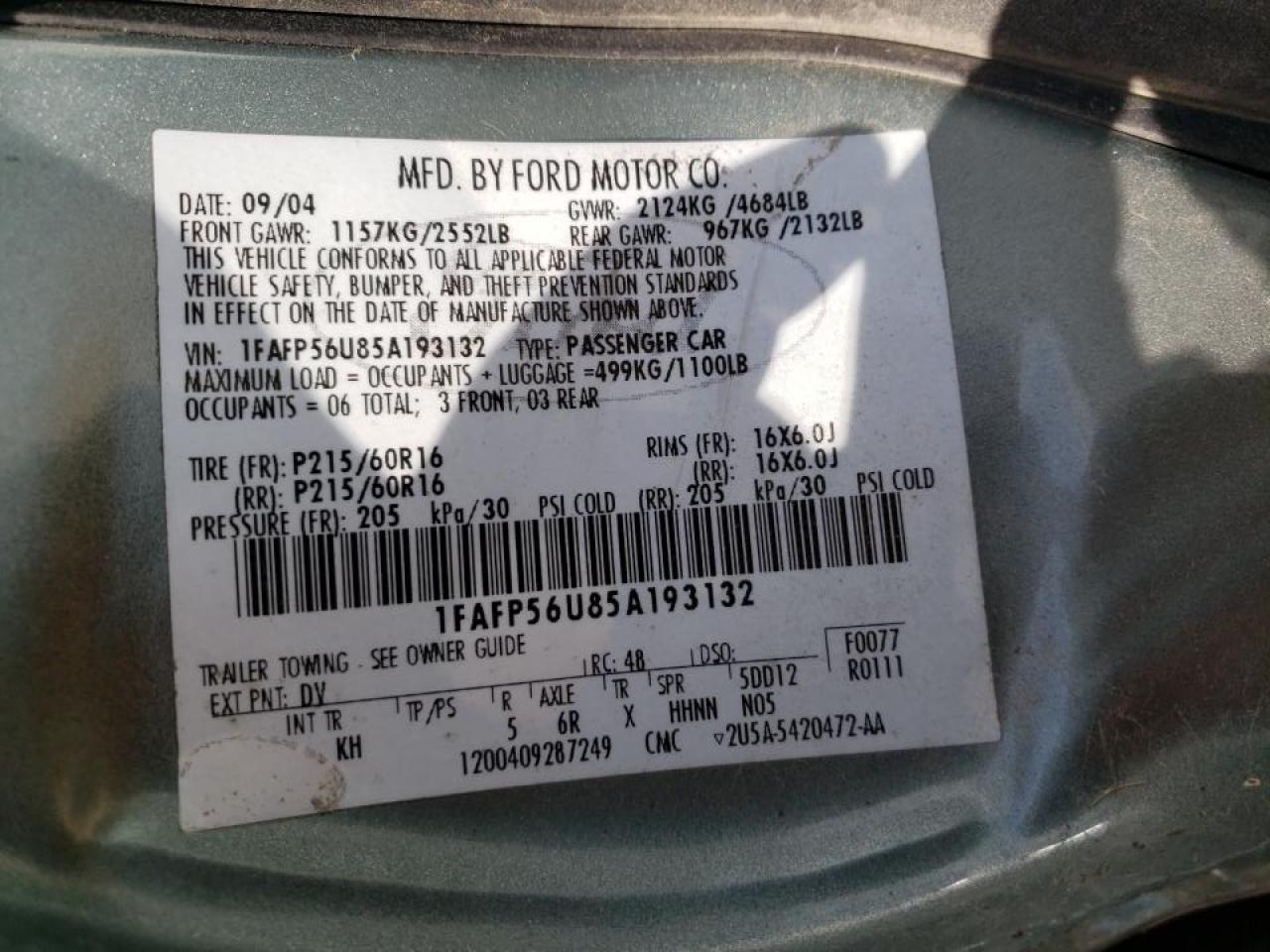 Foto 10 de la subasta – 2005 FORD TAURUS SEL con VIN 1FAFP56U85A193132