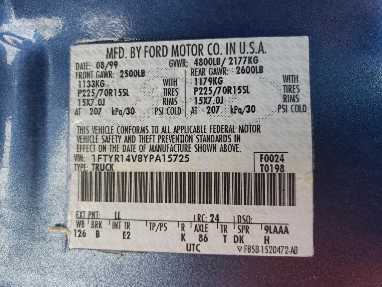 Photo 10 from auction – 2000 FORD RANGER SUP with VIN 1FTYR14V8YPA15725
