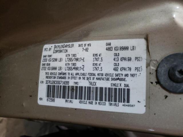 Photo 10 from auction – 2003 DODGE RAM 2500 S with VIN 3D7KU28C83G710289