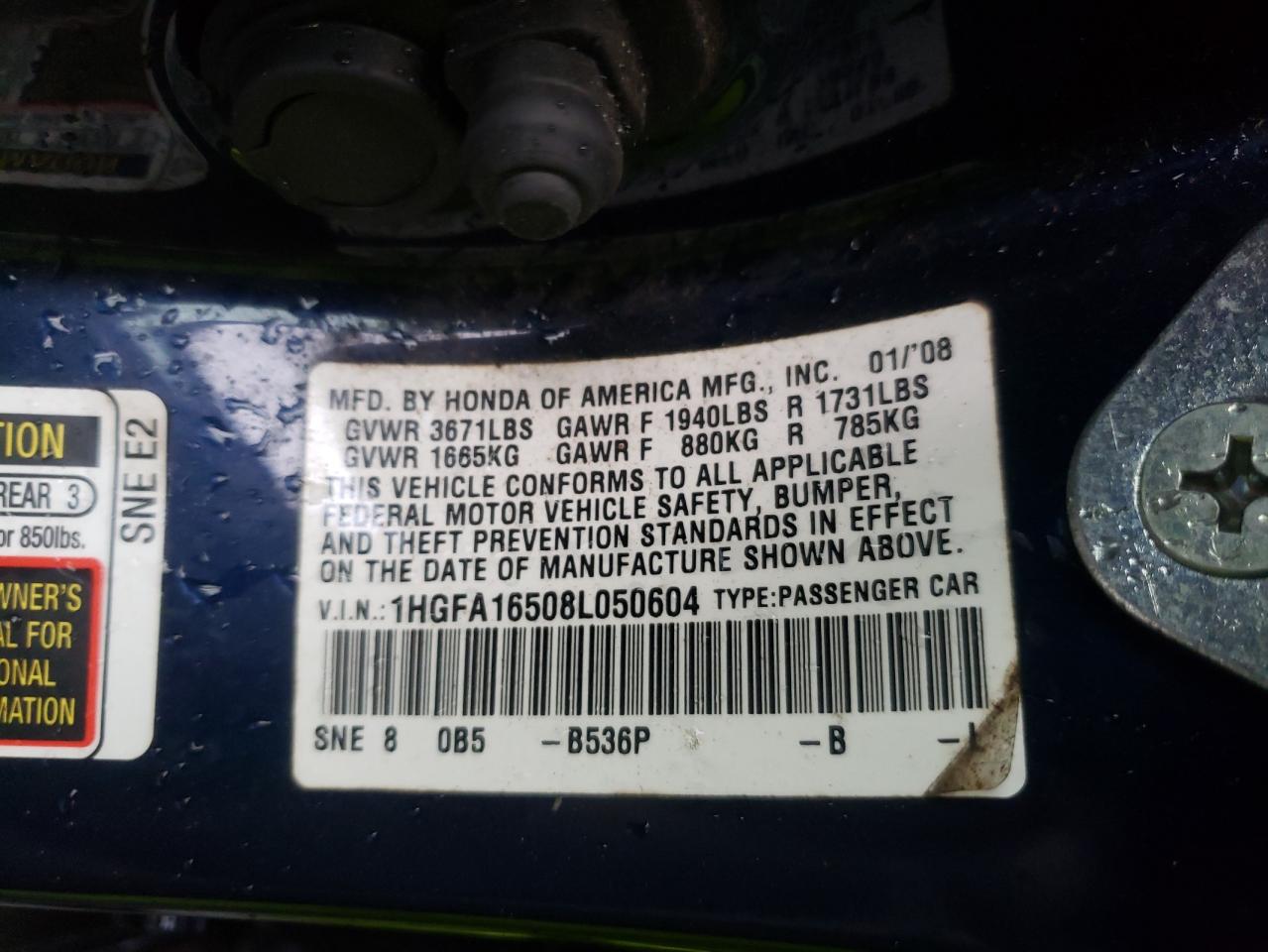 Photo 10 from auction – 2008 HONDA CIVIC with VIN 1HGFA16508L050604