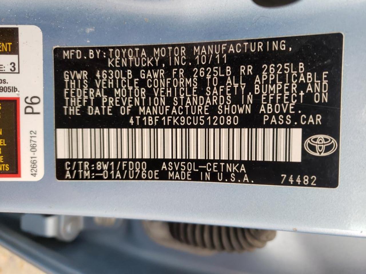 Photo 10 from auction – 2012 TOYOTA CAMRY BASE with VIN 4T1BF1FK9CU512080