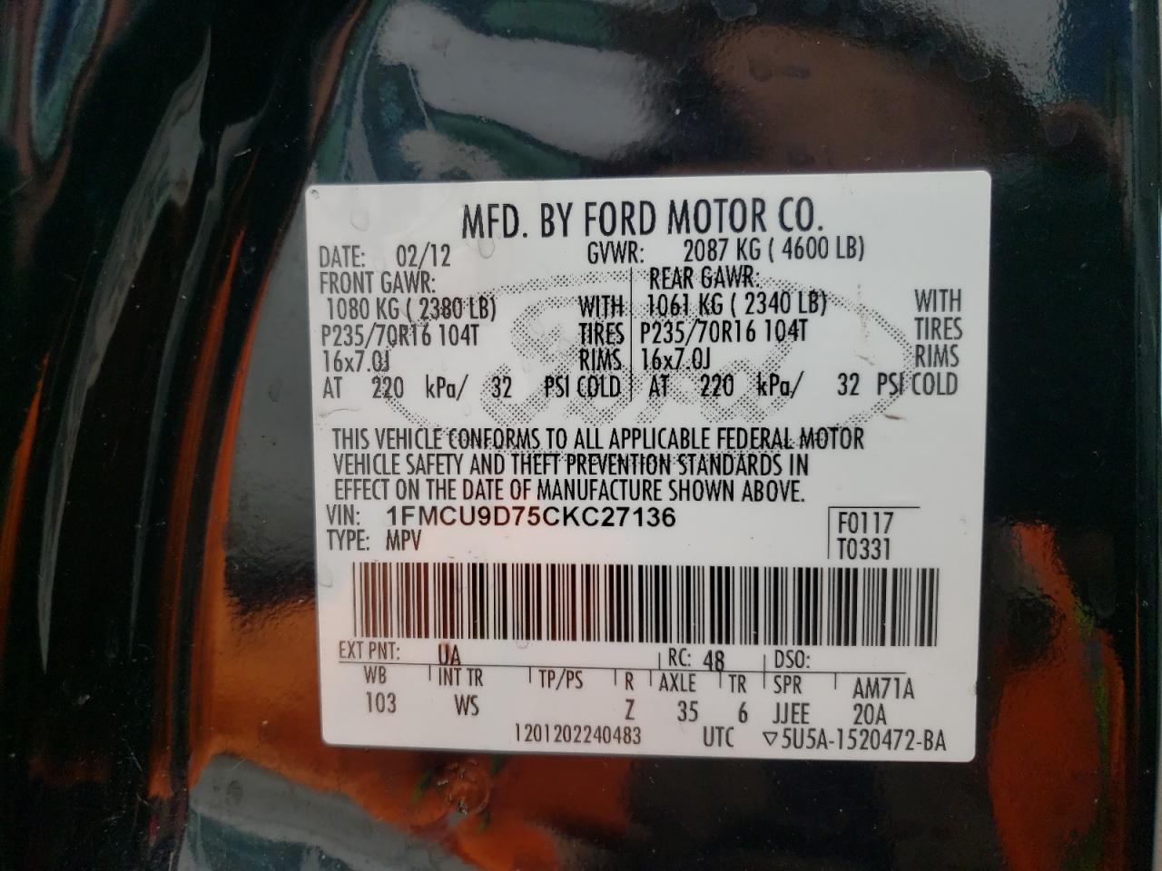 Photo 10 from auction – 2012 FORD ESCAPE XLT with VIN 1FMCU9D75CKC27136