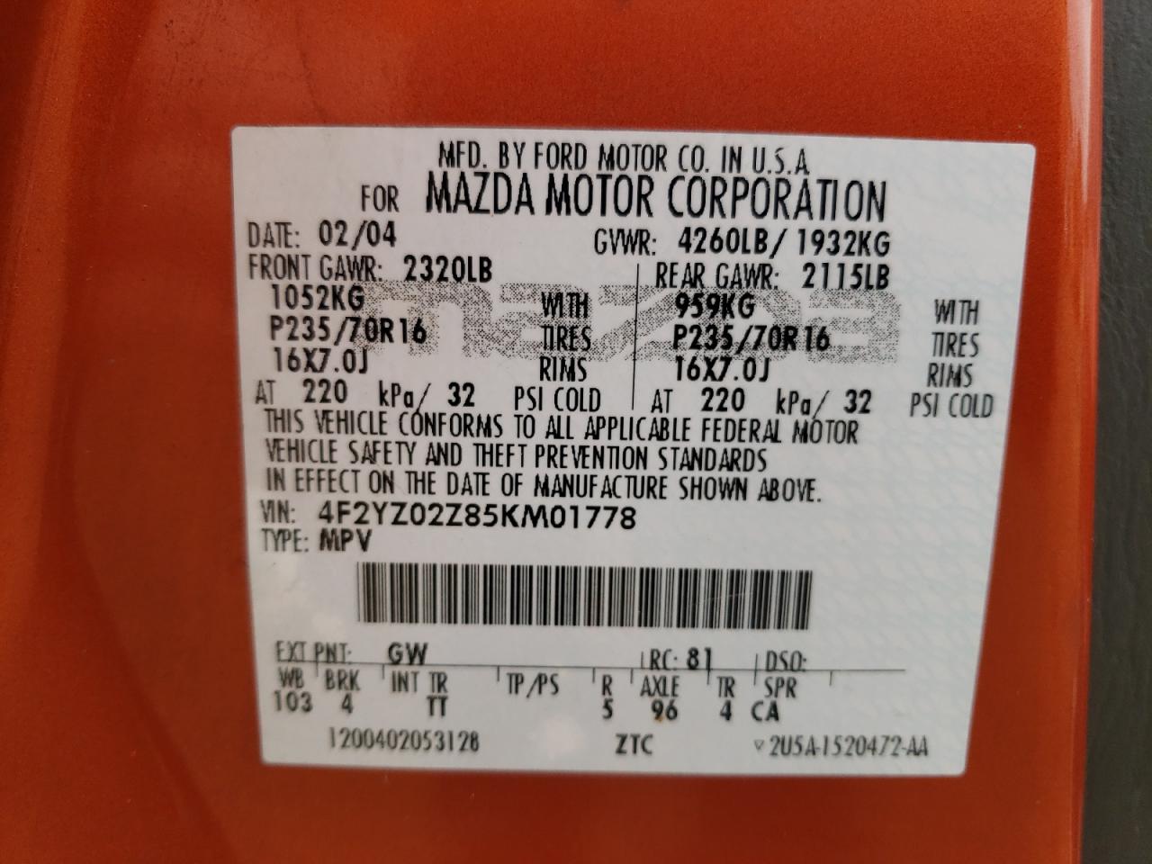 Photo 10 from auction – 2005 MAZDA TRIBUTE I with VIN 4F2YZ02Z85KM01778