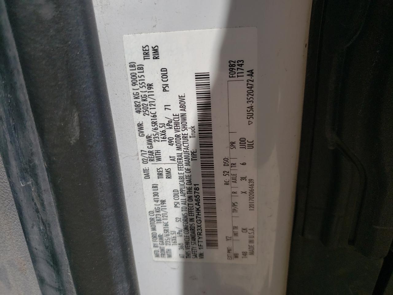Photo 10 from auction – 2017 FORD TRANSIT T- with VIN 1FTYR3XG7HKA65781