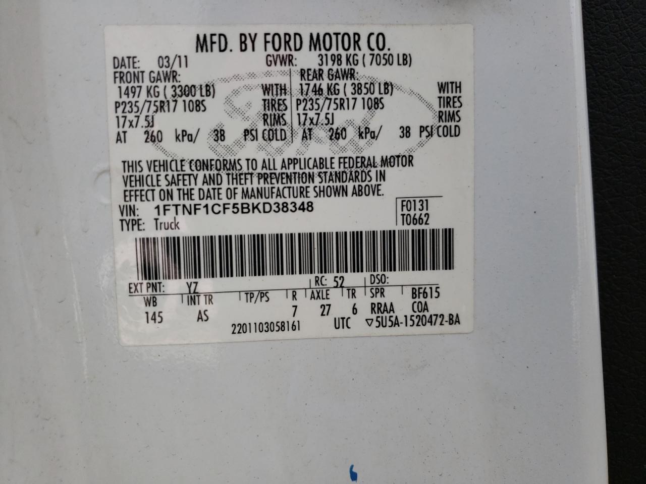 Photo 10 from auction – 2011 FORD F150 with VIN 1FTNF1CF5BKD38348