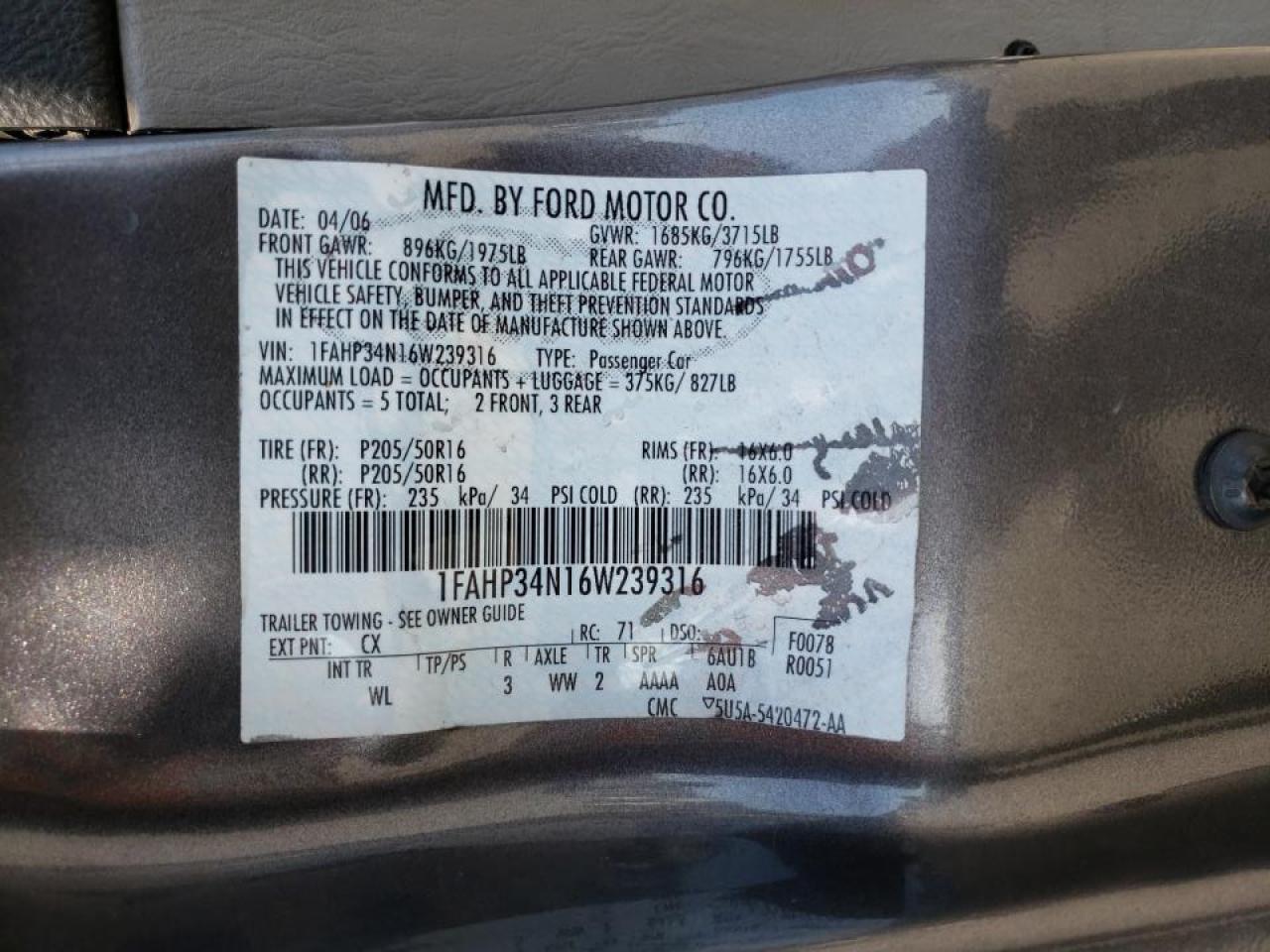 Photo 10 from auction – 2006 FORD FOCUS ZX4 with VIN 1FAHP34N16W239316