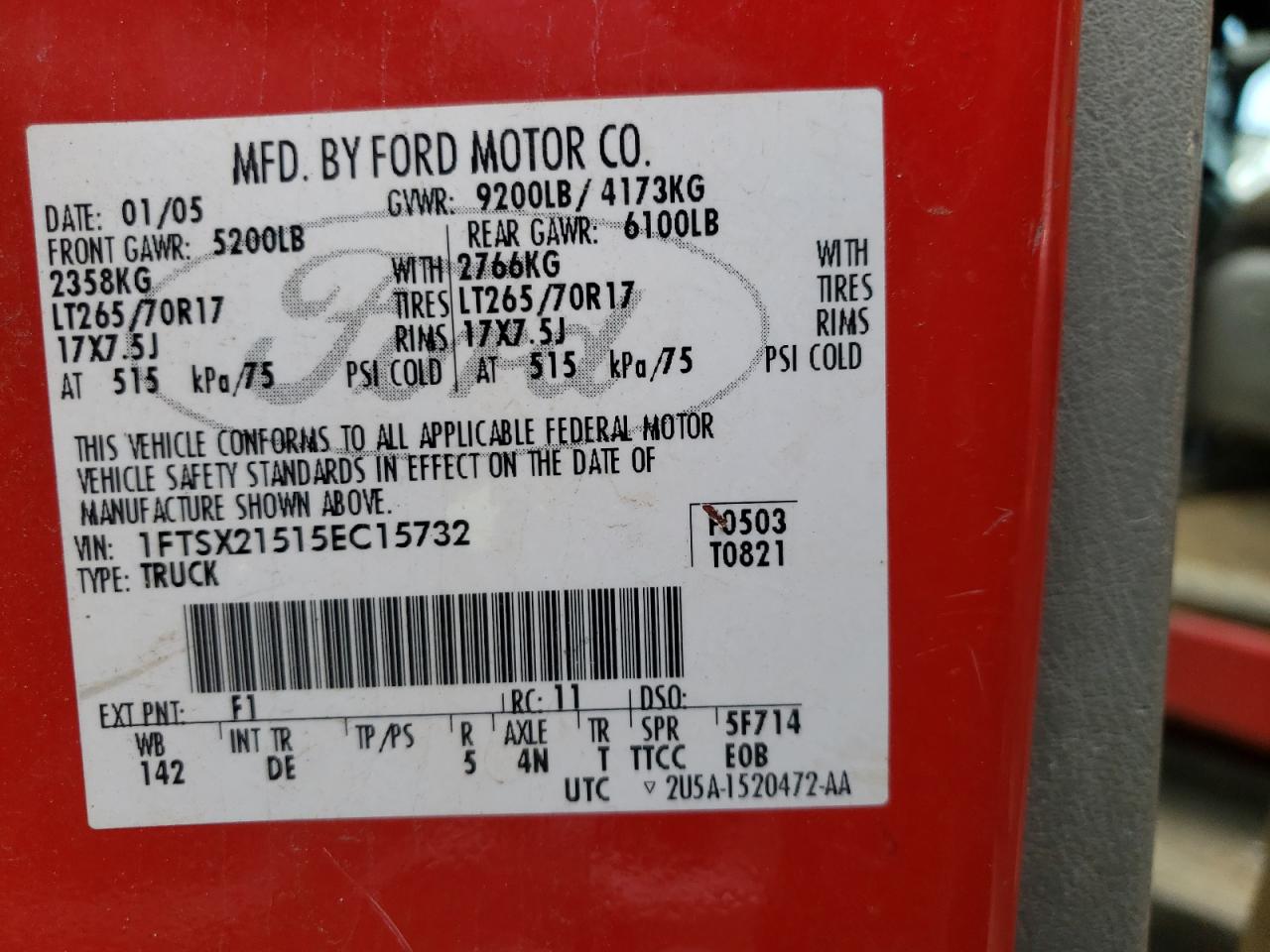 Photo 11 from auction – 2005 FORD F250 with VIN 1FTSX21515EC15732