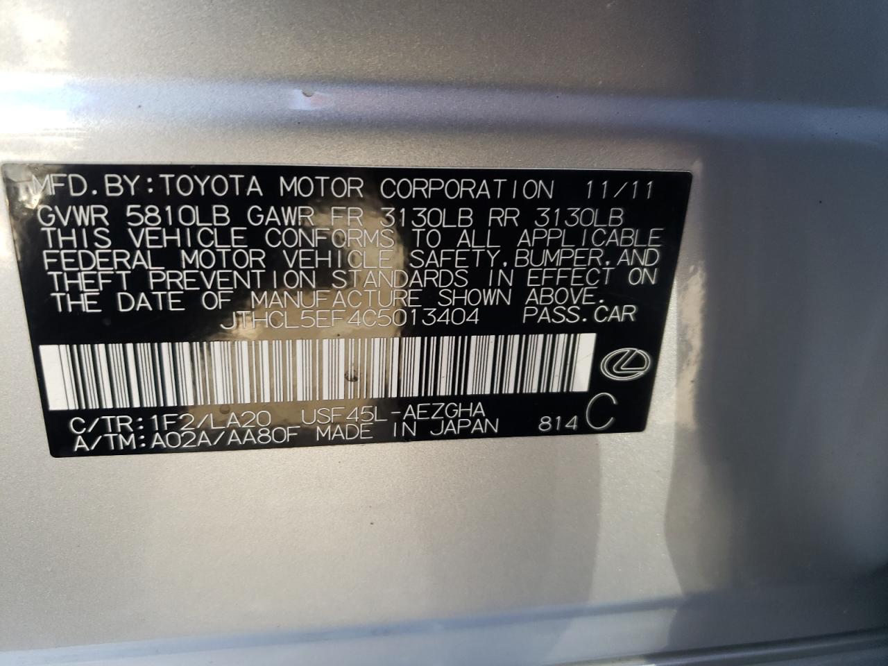 Photo 10 from auction – 2012 LEXUS LS 460 with VIN JTHCL5EF4C5013404