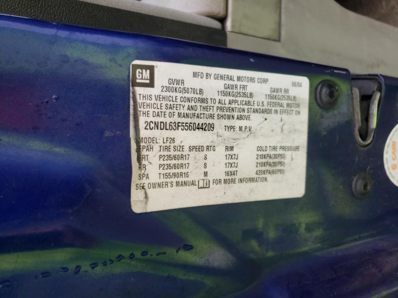 Photo 10 from auction – 2005 CHEVROLET EQUINOX LT with VIN 2CNDL63F556044209