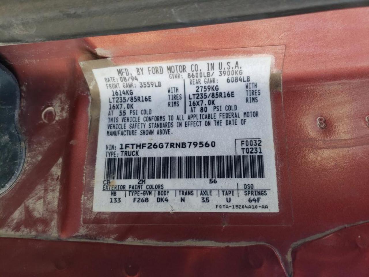 Photo 10 from auction – 1994 FORD F250 with VIN 1FTHF26G7RNB79560