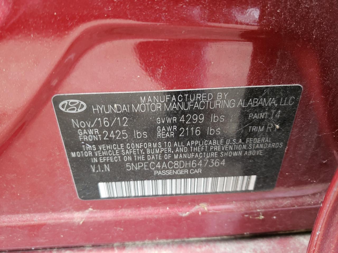 Photo 10 from auction – 2013 HYUNDAI SONATA SE with VIN 5NPEC4AC8DH647364
