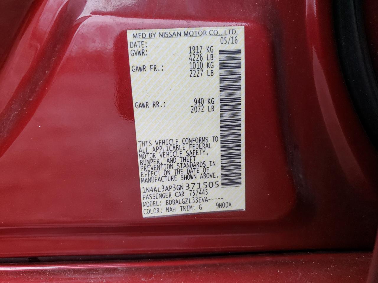 Photo 10 from auction – 2016 NISSAN ALTIMA 2.5 with VIN 1N4AL3AP3GN371505