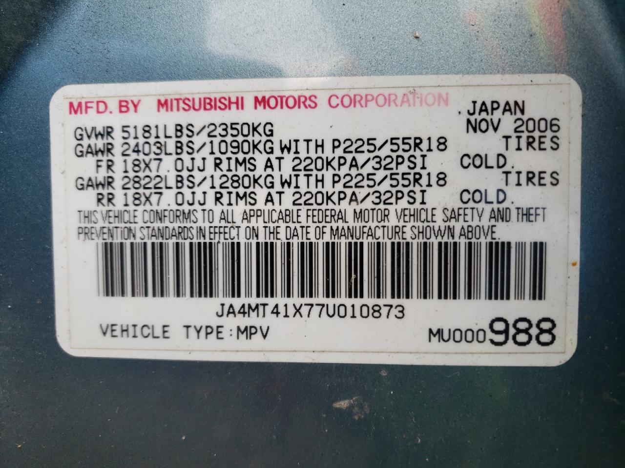 Photo 10 from auction – 2007 MITSUBISHI OUTLANDER with VIN JA4MT41X77U010873