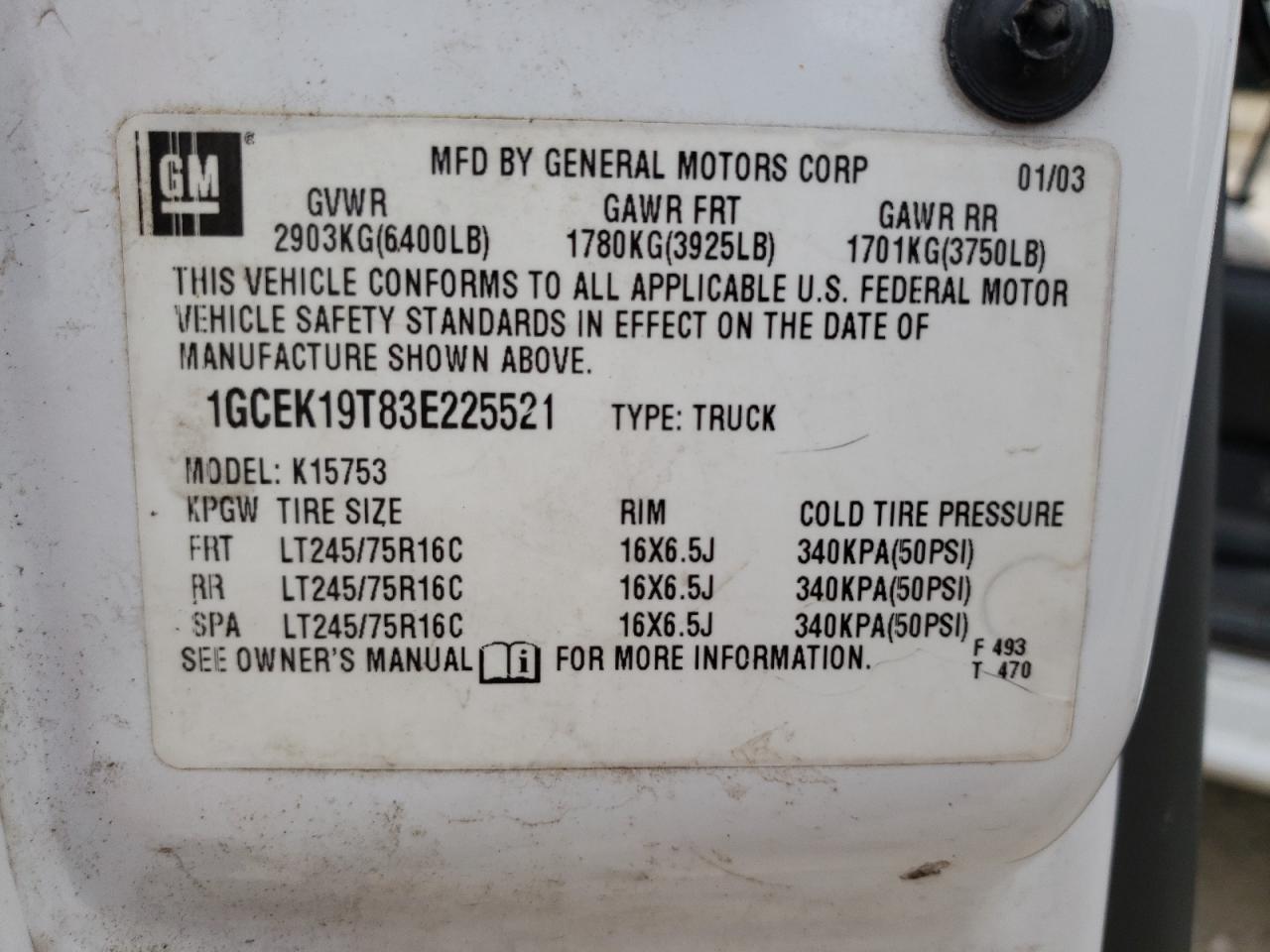 Photo 10 from auction – 2003 CHEVROLET SILVERADO with VIN 1GCEK19T83E225521