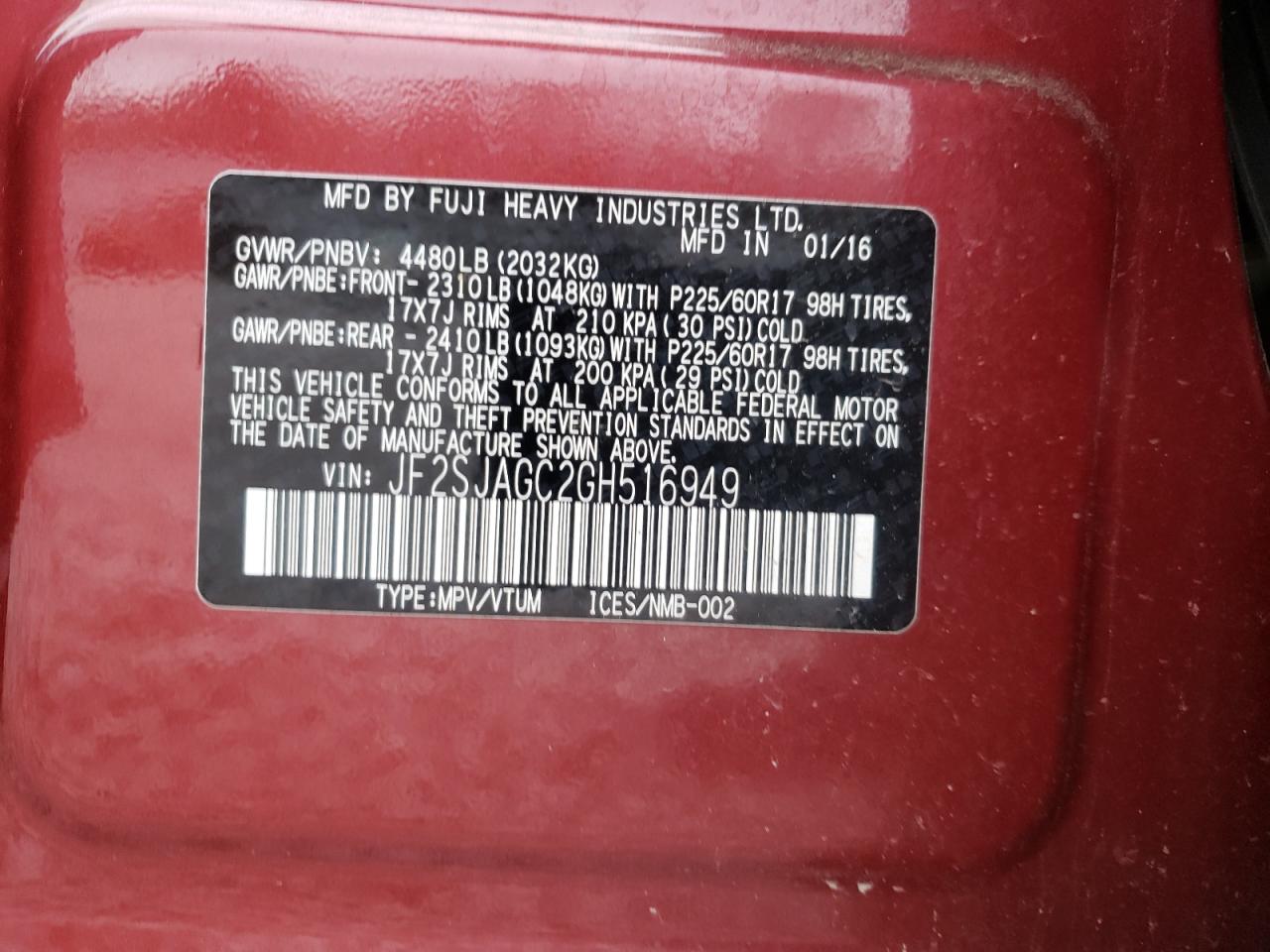 Photo 10 from auction – 2016 SUBARU FORESTER 2 with VIN JF2SJAGC2GH516949