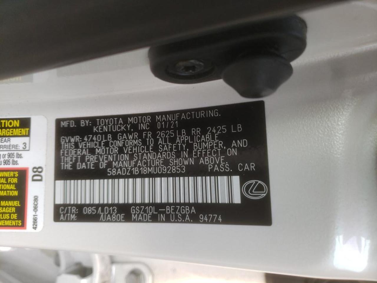 Photo 10 from auction – 2021 LEXUS ES 350 BAS with VIN 58ADZ1B18MU092853