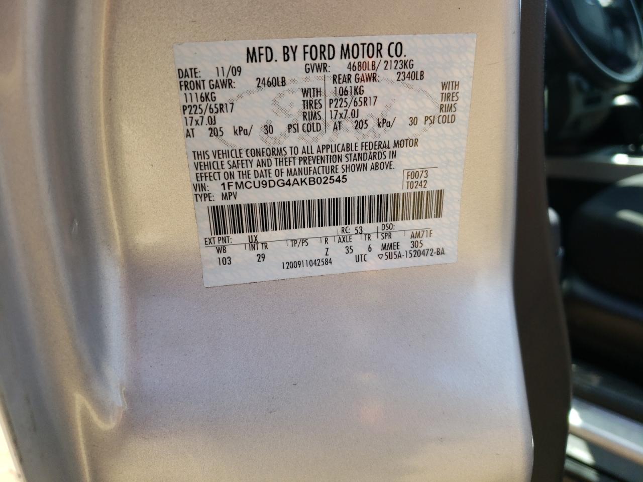 Photo 10 from auction – 2010 FORD ESCAPE XLT with VIN 1FMCU9DG4AKB02545