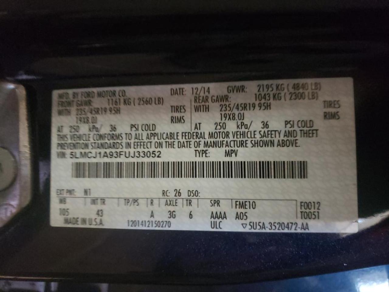 Photo 10 from auction – 2015 LINCOLN MKC with VIN 5LMCJ1A93FUJ33052