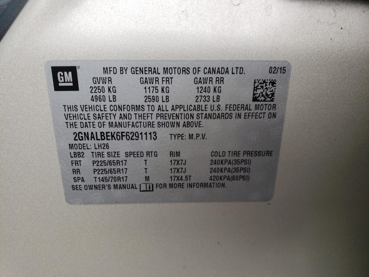 Photo 10 from auction – 2015 CHEVROLET EQUINOX LT with VIN 2GNALBEK6F6291113
