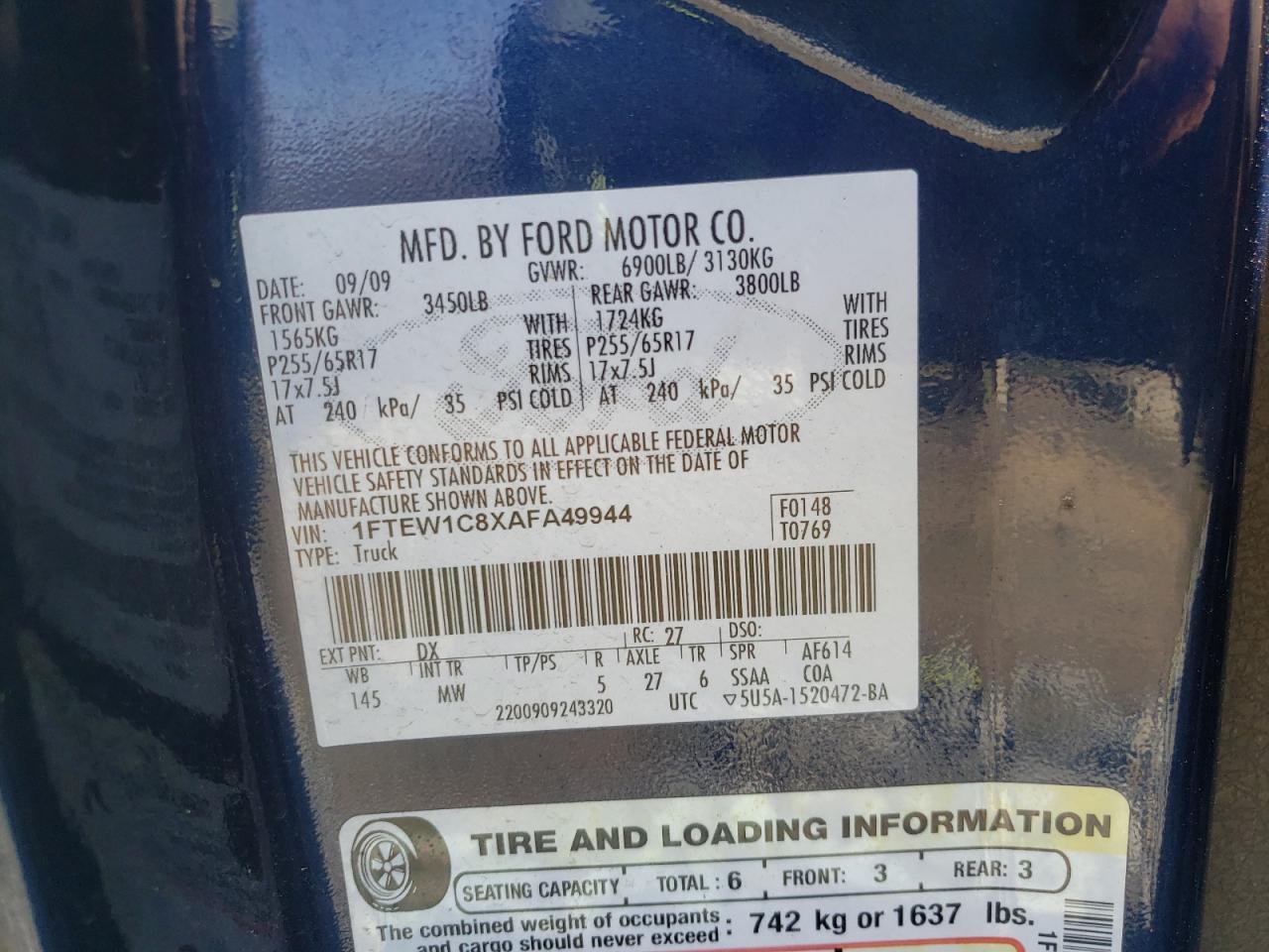 Photo 10 from auction – 2010 FORD F150 SUPER with VIN 1FTEW1C8XAFA49944
