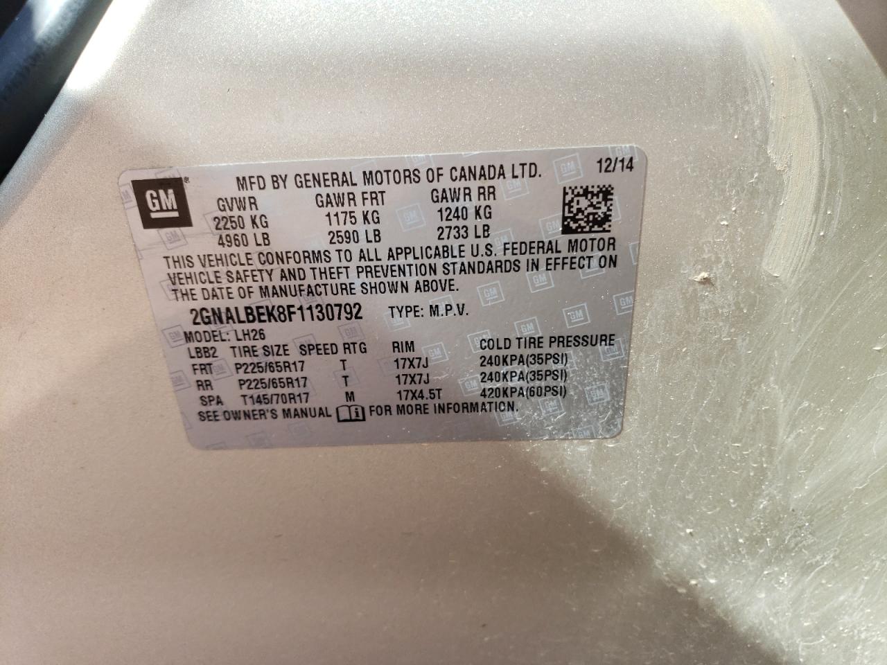 Photo 10 from auction – 2015 CHEVROLET EQUINOX LT with VIN 2GNALBEK8F1130792