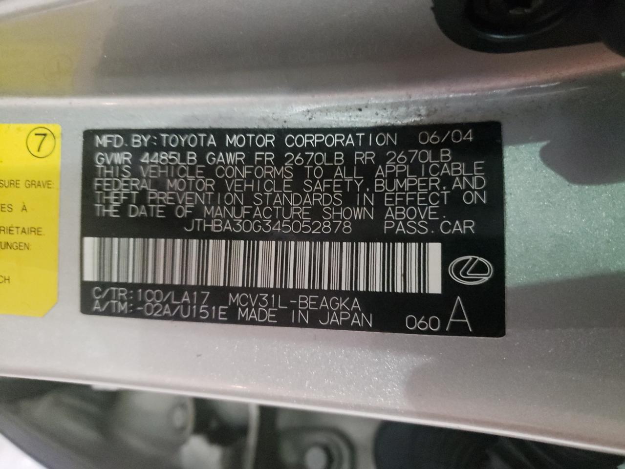 Photo 10 from auction – 2004 LEXUS ES 330 with VIN JTHBA30G345052878