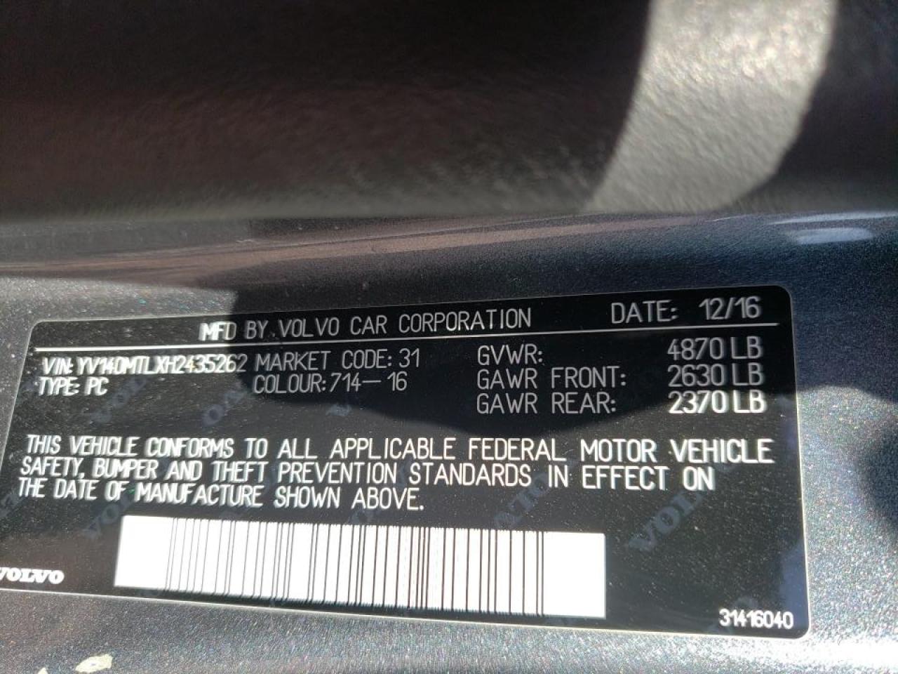 Photo 10 from auction – 2017 VOLVO S60 DYNAMI with VIN YV140MTLXH2435262