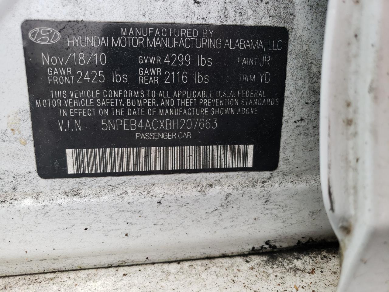 Photo 10 from auction – 2011 HYUNDAI SONATA GLS with VIN 5NPEB4ACXBH207663