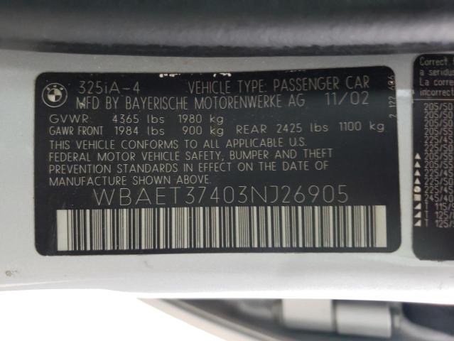 Photo 10 from auction – 2003 BMW 325 I with VIN WBAET37403NJ26905