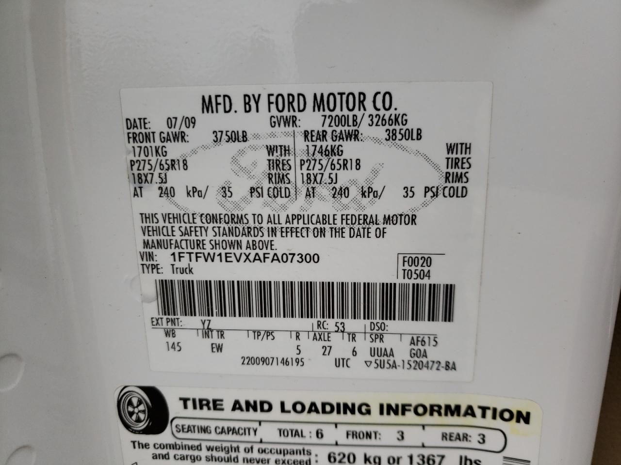 Photo 10 from auction – 2010 FORD F150 SUPER with VIN 1FTFW1EVXAFA07300
