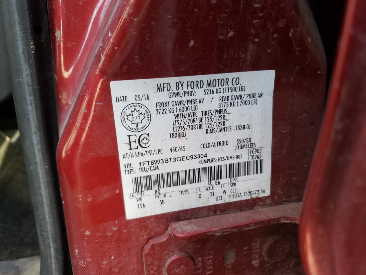 Photo 10 from auction – 2016 FORD F350 SUPER with VIN 1FT8W3BT3GEC93304