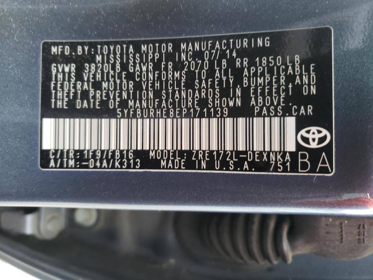 Photo 10 from auction – 2014 TOYOTA COROLLA L with VIN 5YFBURHE8EP171139