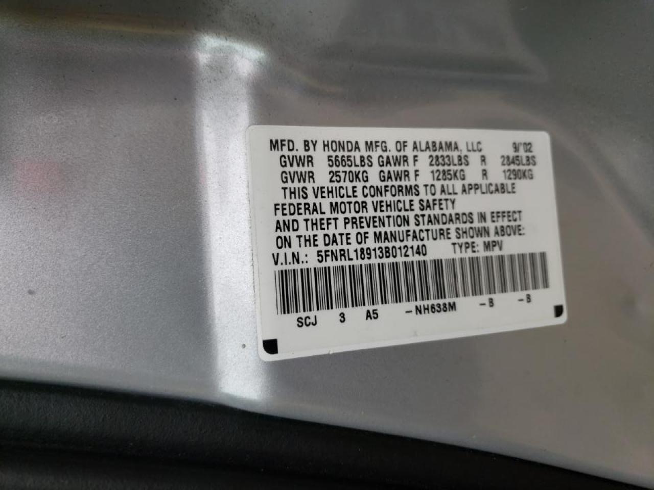 Photo 10 from auction – 2003 HONDA ODYSSEY EX with VIN 5FNRL18913B012140