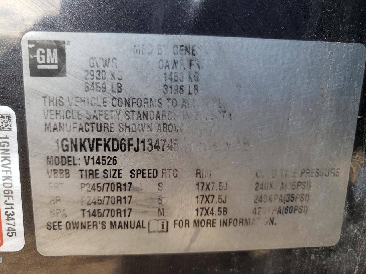 Photo 10 from auction – 2015 CHEVROLET TRAVERSE L with VIN 1GNKVFKD6FJ134745