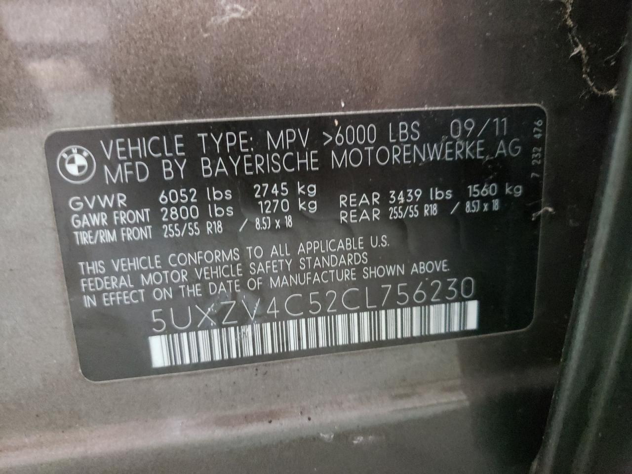 Photo 10 from auction – 2012 BMW X5 XDRIVE3 with VIN 5UXZV4C52CL756230